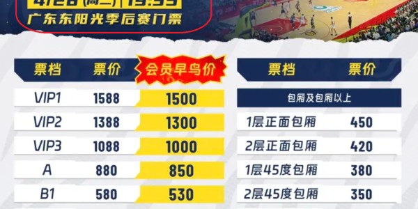 开云-广东队季后赛门票价格出炉：分九档，最便宜300元，最高1588元